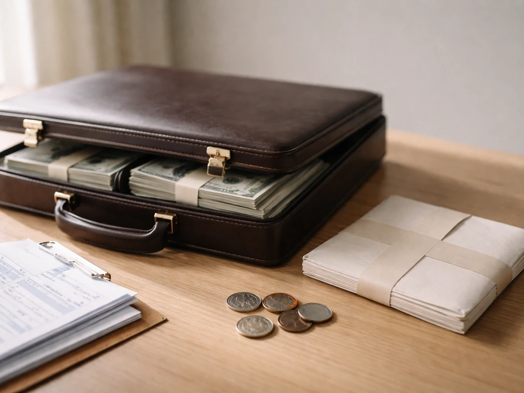 Minimal photo of a briefcase with a ledger-like stack of papers beside cash and a sealed envelope