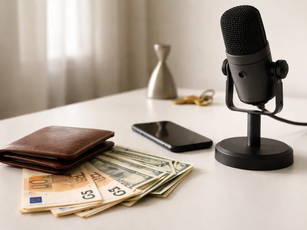 Minimal desk scene with cash, phone, microphone, and small valuables symbolizing different income sources.