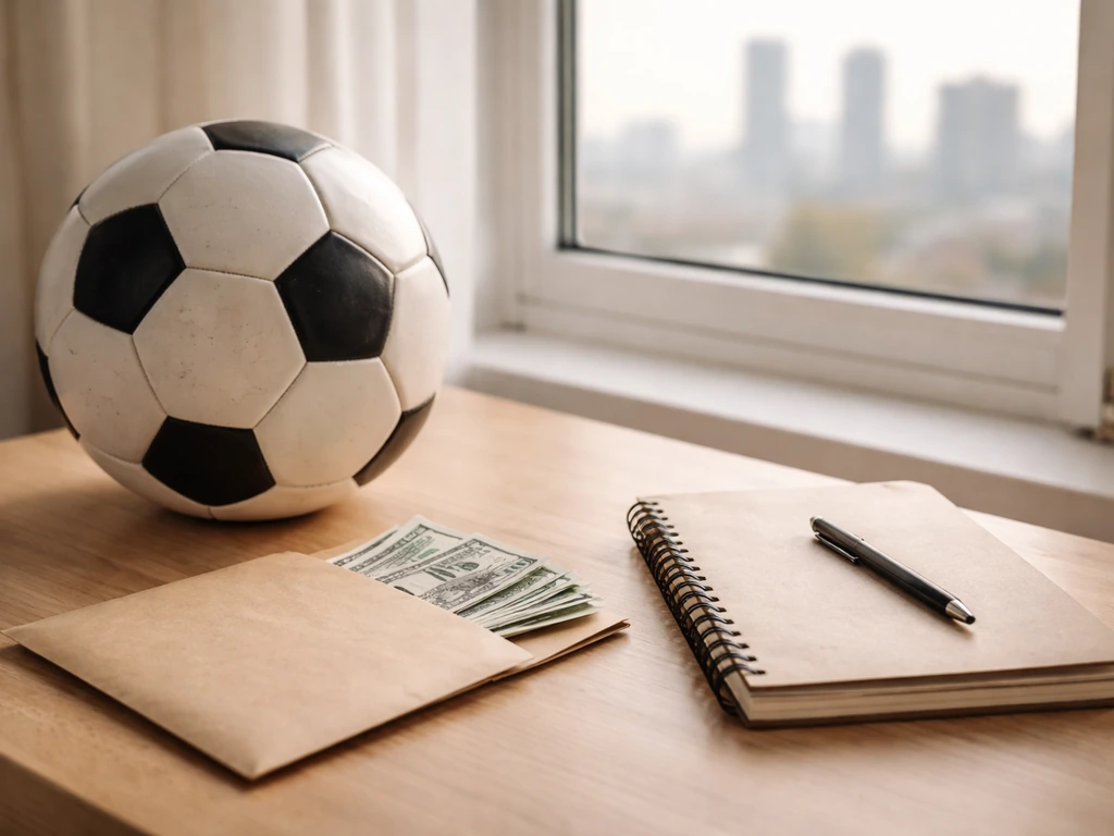 Minimal photo of a professional desk with a soccer ball, money envelope, and notebook beside a windowed city view