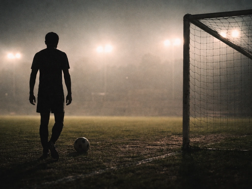 Vintage footballer silhouette near a goal in a simple outdoor stadium at dusk