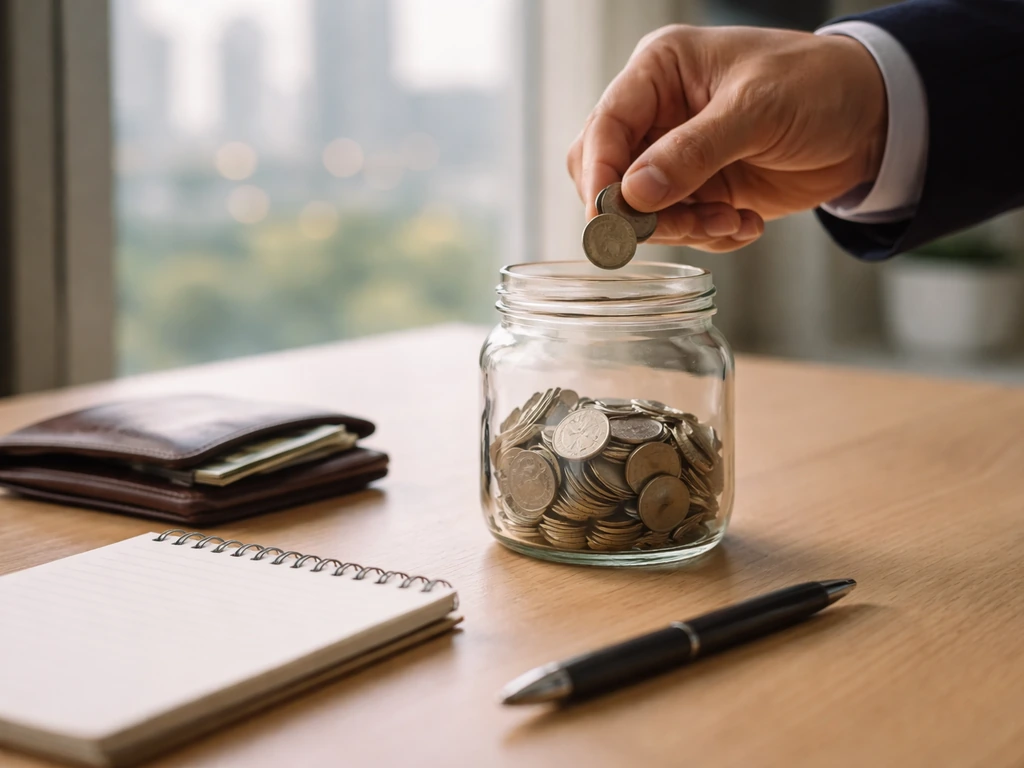 Anonymous desk scene with coins in a glass jar by an open wallet in a bright office