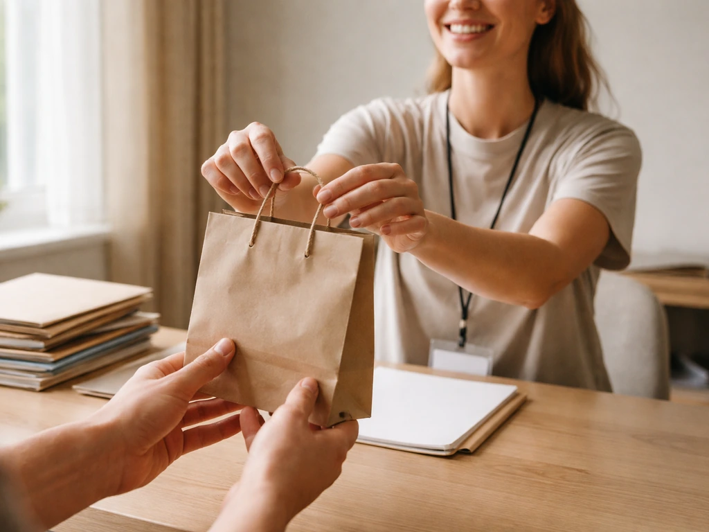 Volunteer handing a donation bag in a simple foundation office with a calm, legacy feel.