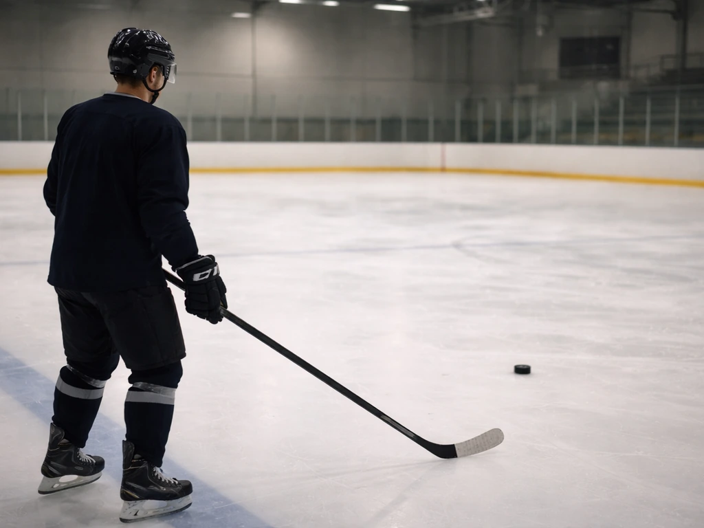 Ice hockey player in a team practice rink, wearing a dark jersey and helmet, focusing on a puck
