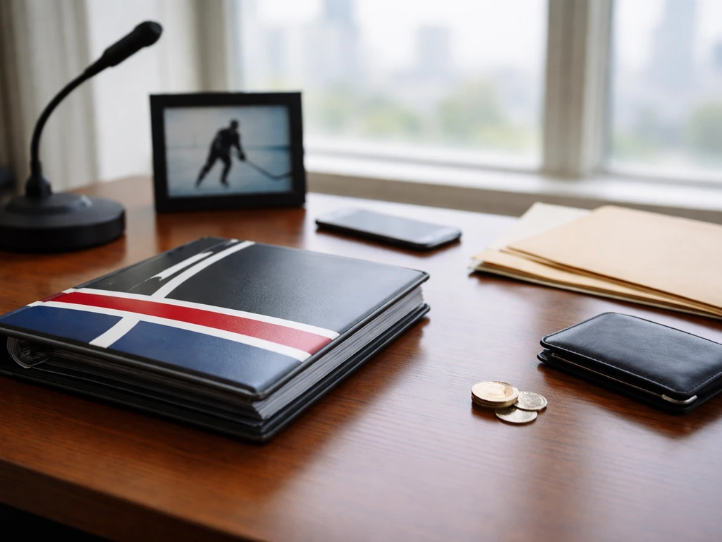Minimal photo of an anonymous hockey-themed office desk with framed photos and a binder beside a laptop
