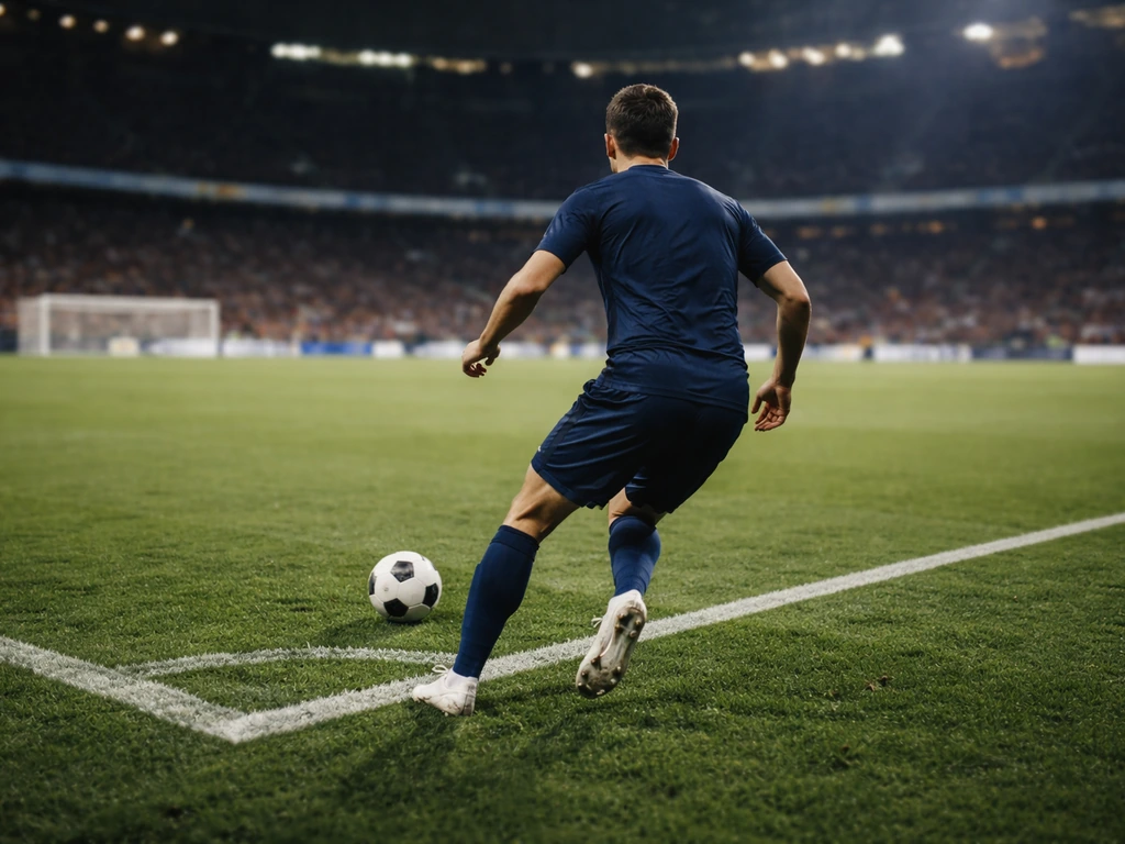 Blurred football stadium scene with a generic player in a blue kit during match action, hinting at identity check.
