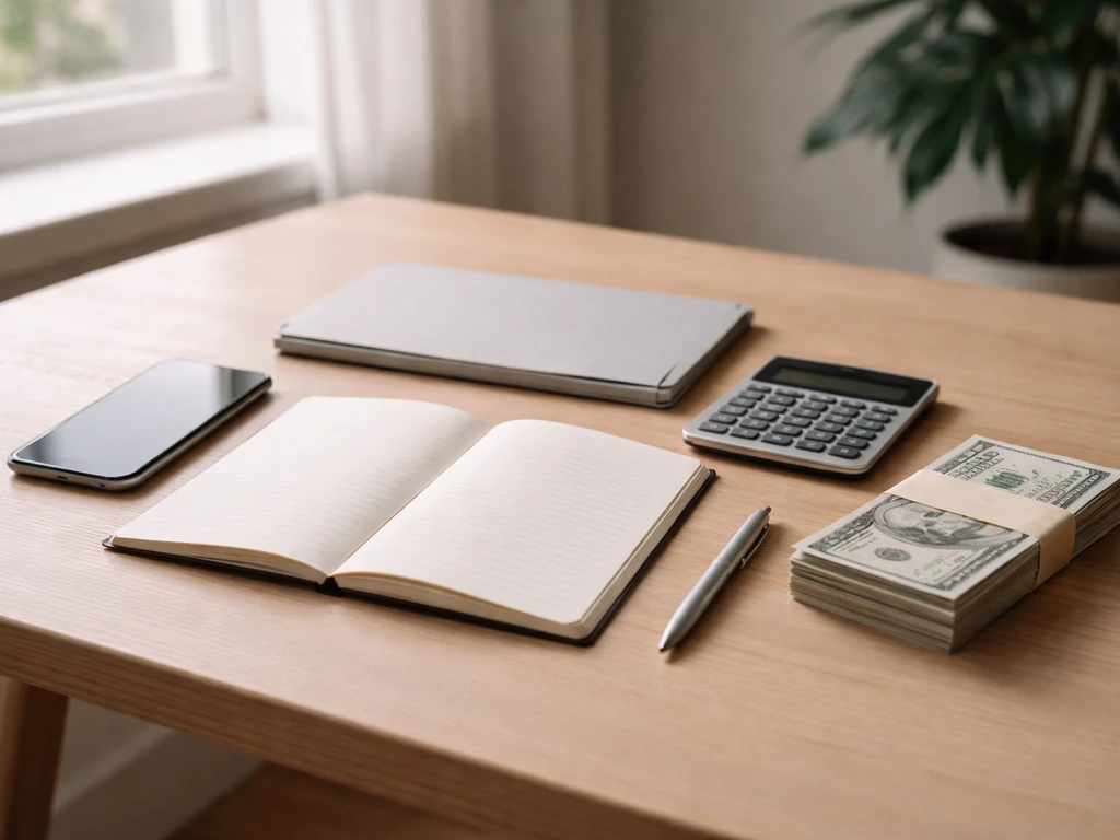Minimal desk with calculator, notebook, smartphone, and a bundled stack of money by a window.