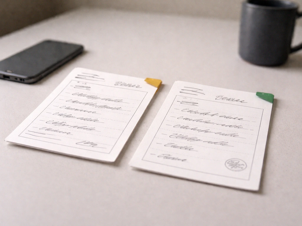 Two non-readable valuation cards side by side on a desk, with phone and coffee mug in soft light.