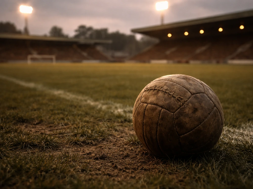 Worn soccer ball on a stadium pitch at dusk, softly lit empty stands, evoking football legacy and wealth interest.