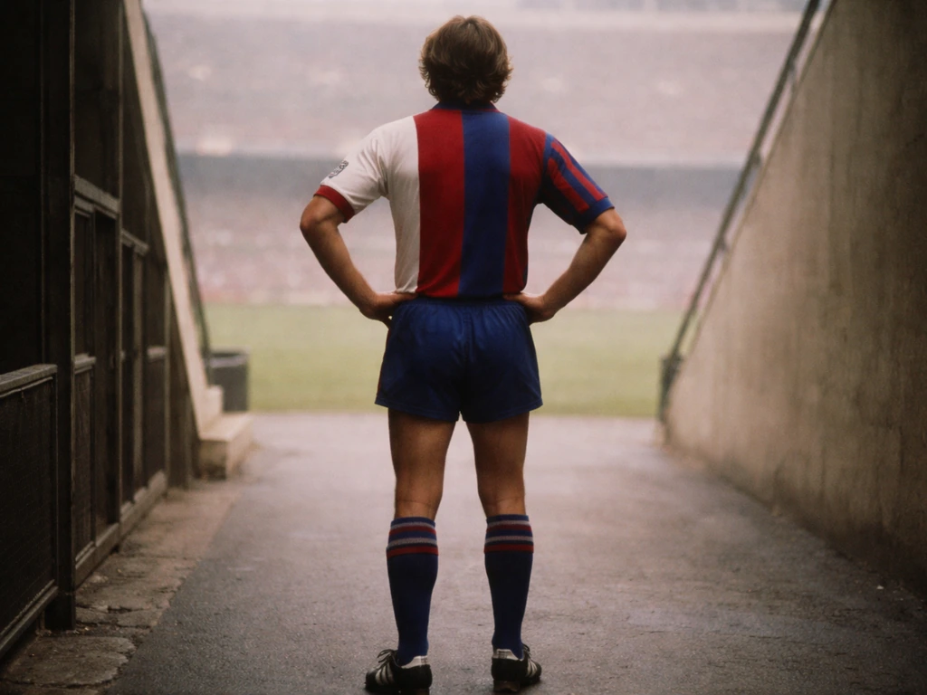 Vintage football kit player stands in a stadium tunnel, evoking a transfer-era salary and endorsements theme.