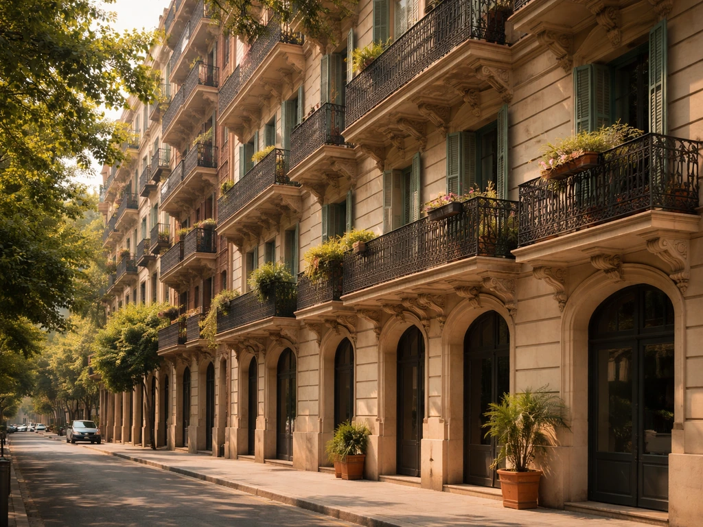 Eixample district apartment building facade in Barcelona, highlighting upscale lifestyle and property assets.