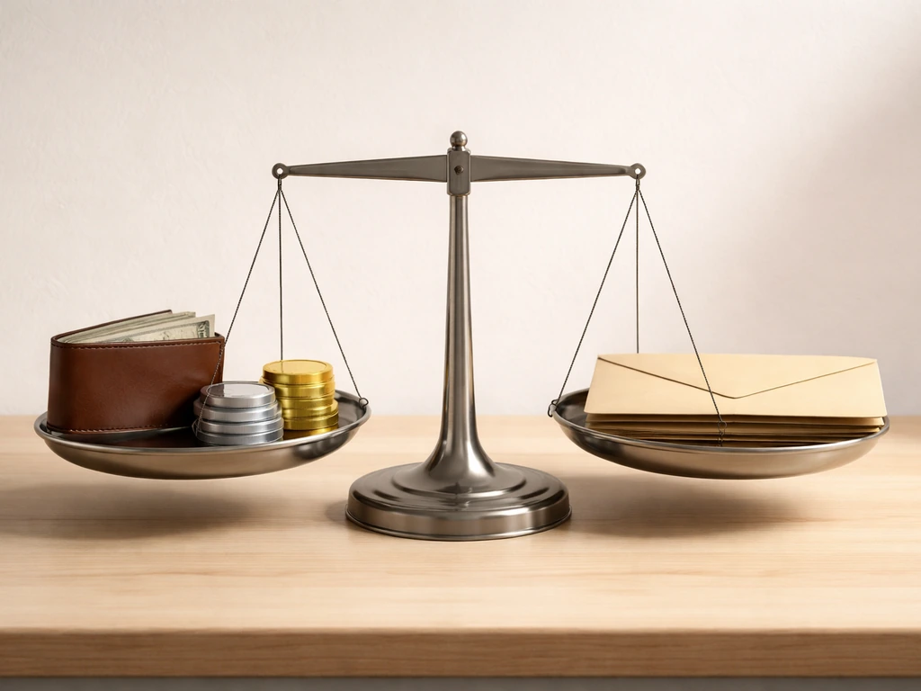 Minimal tabletop scene with coins, documents, and a balance scale symbolizing assets minus liabilities.