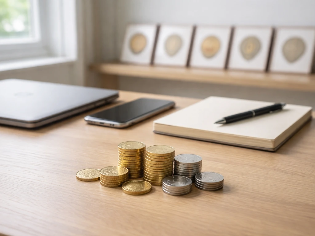 Coins and a laptop on a desk with blurred generic crest-like frames in the background.