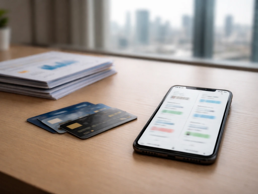 Minimal desk scene showing multiple credit cards and a smartphone with blurred finance results, no readable text.