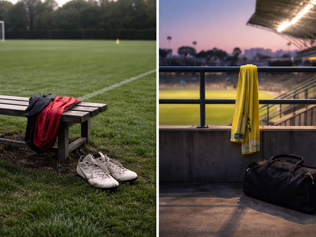 Minimal split scene of football gear: Manchester-style training pitch left and LA Galaxy–style stadium gear right.