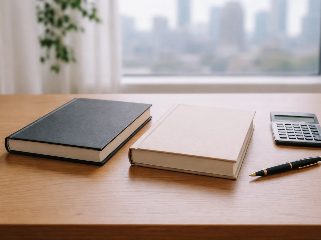 Minimal desk with two business books, calculator, and pen symbolizing a side-by-side net worth comparison.