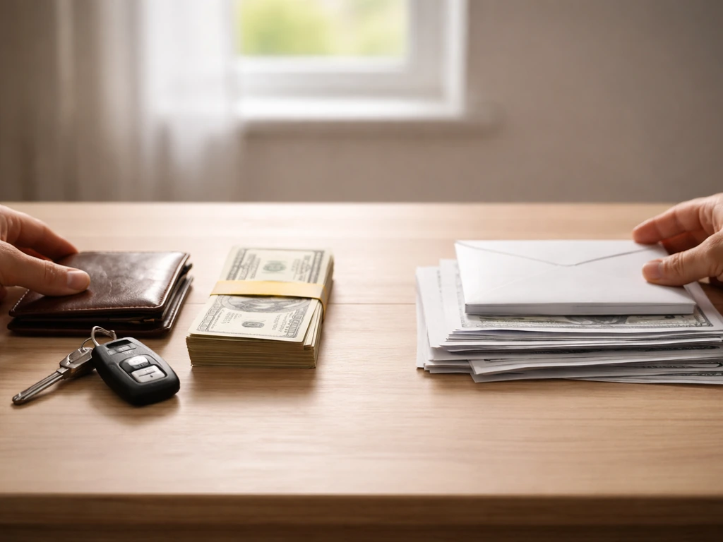 Hands placing car keys and a wallet beside a closed envelope of bills on a desk