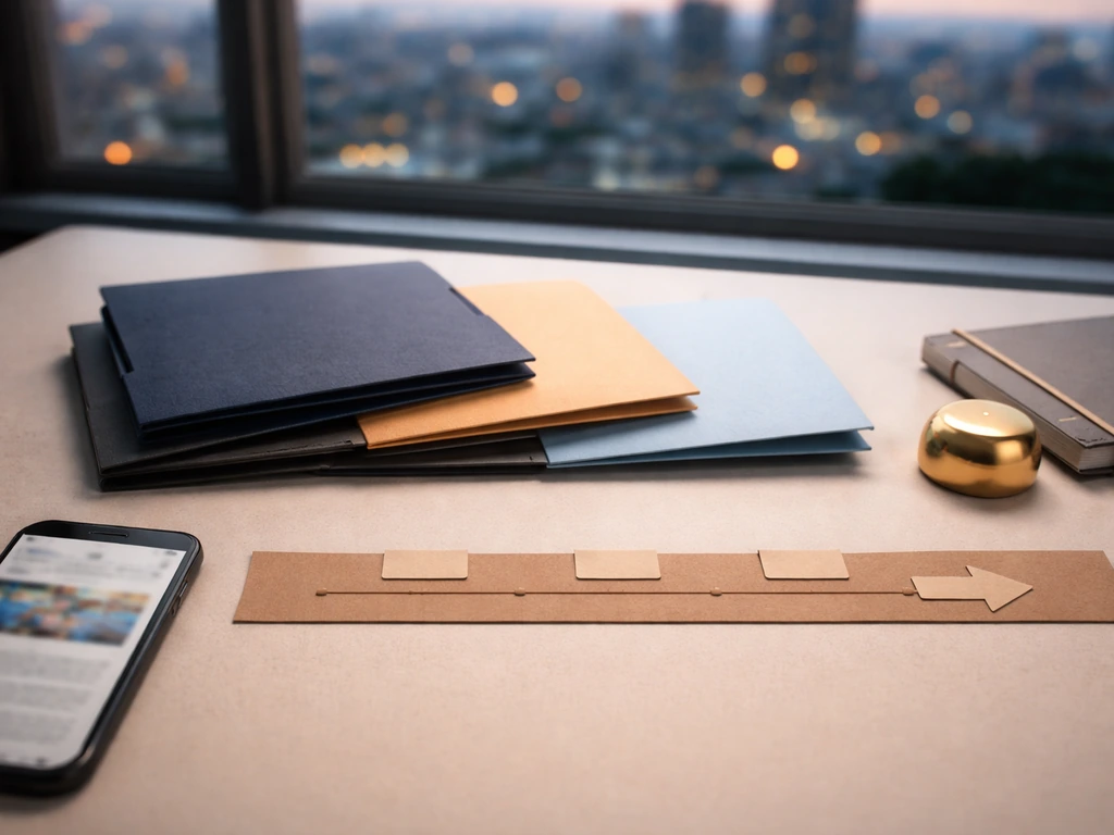 Minimal desk scene with folders and an unmarked timeline strip suggesting salary breakdown analysis.
