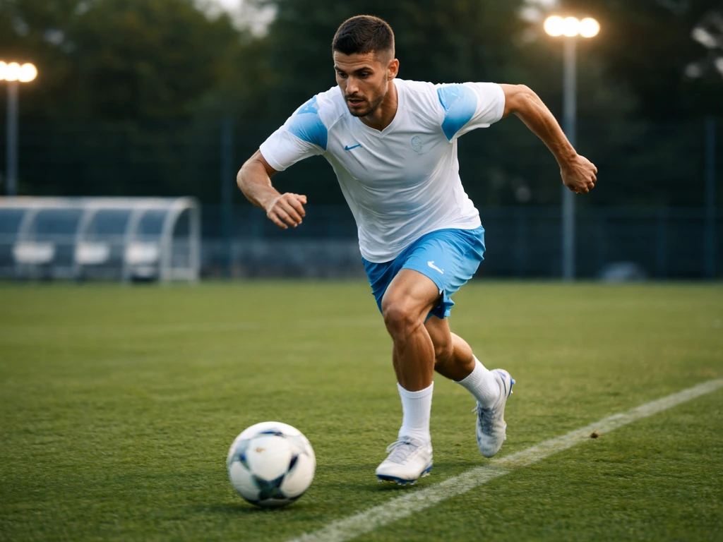 Adrien Rabiot training in a Marseille kit on a sunlit pitch during an early-morning practice.