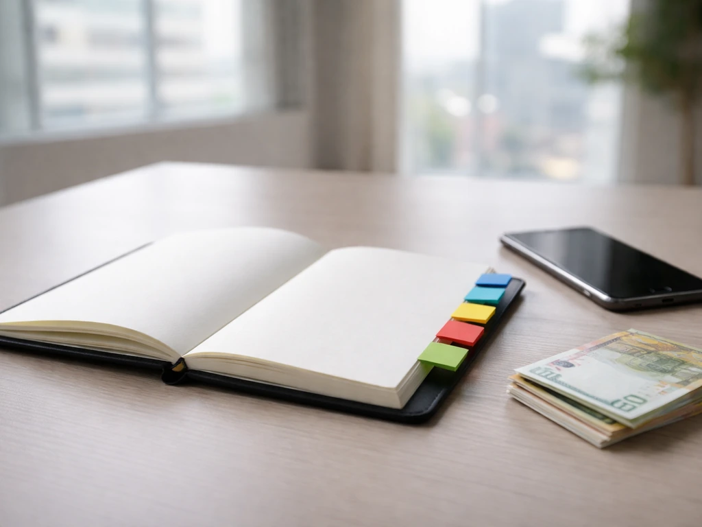 Minimal office desk: notebook with four unlabeled colored sticky tabs, euro notes, and a smartphone.