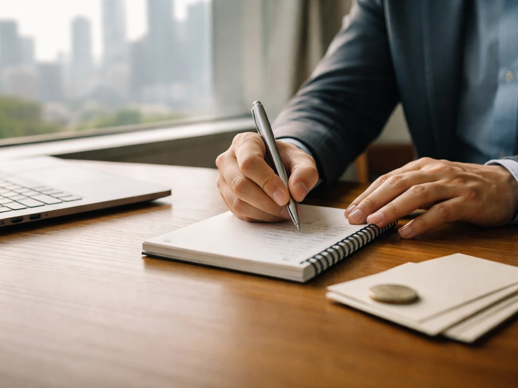 Close-up of hands holding a pen over a notepad beside a laptop, with a muted city view in the background.