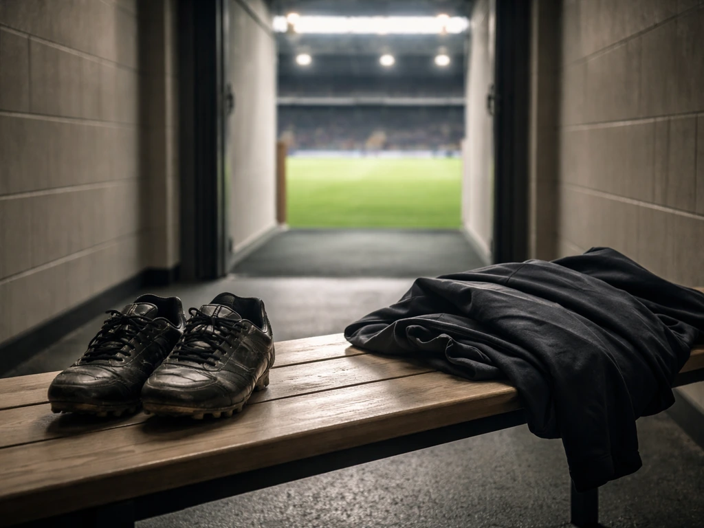Empty stadium tunnel with football boots and a pitch view, evoking a former match-day football identity.