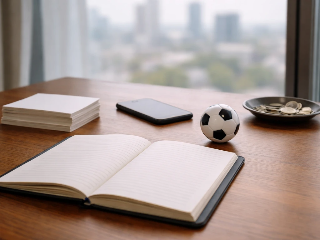 Minimal office desk with notebook and smartphone showing a generic football-themed money analysis theme