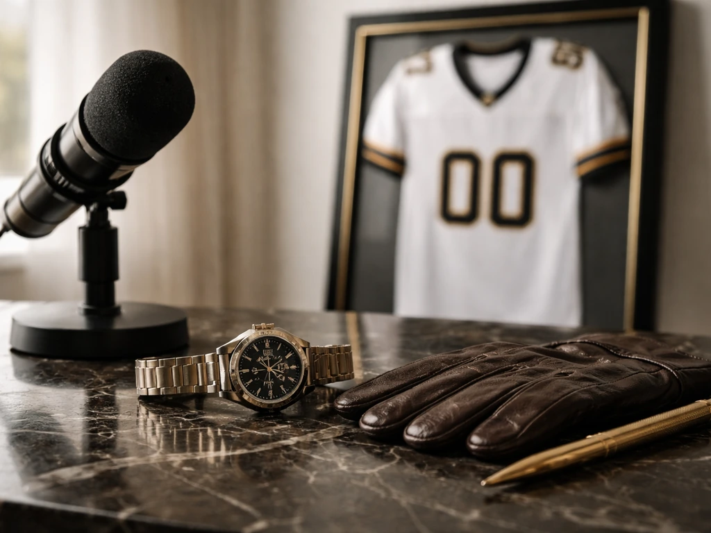 Luxury football memorabilia and a sleek finance-style desk setup symbolizing assets and sponsorships