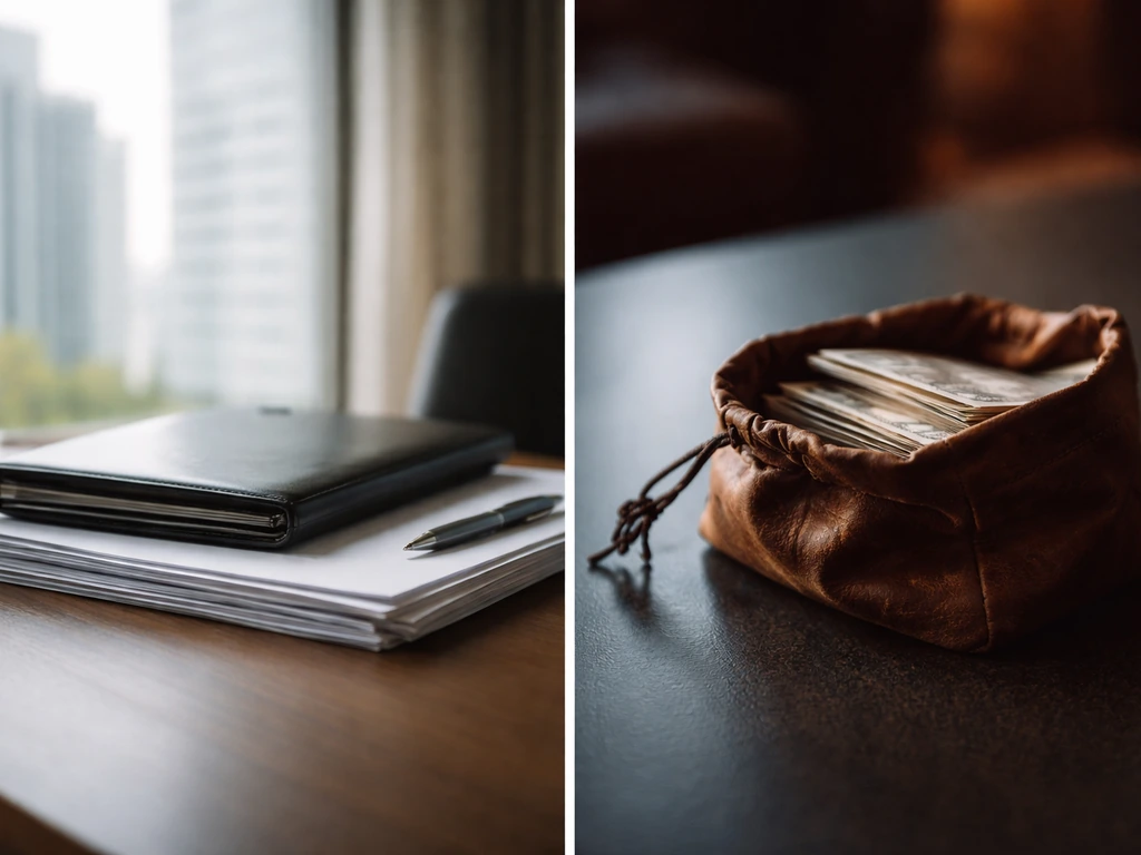 Split-screen style photo of a quiet office desk with business papers and a separate money pouch, symbolizing club vs own