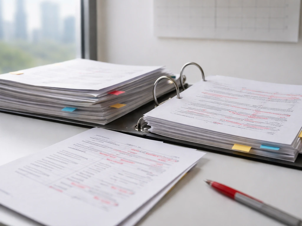 Open financial report documents on an office desk with subtle pen highlights for verifying numbers.