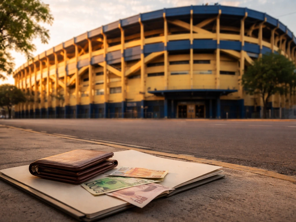 Golden-hour view of Estadio La Bombonera with a wallet and loose cash in the foreground, symbolizing club pay.
