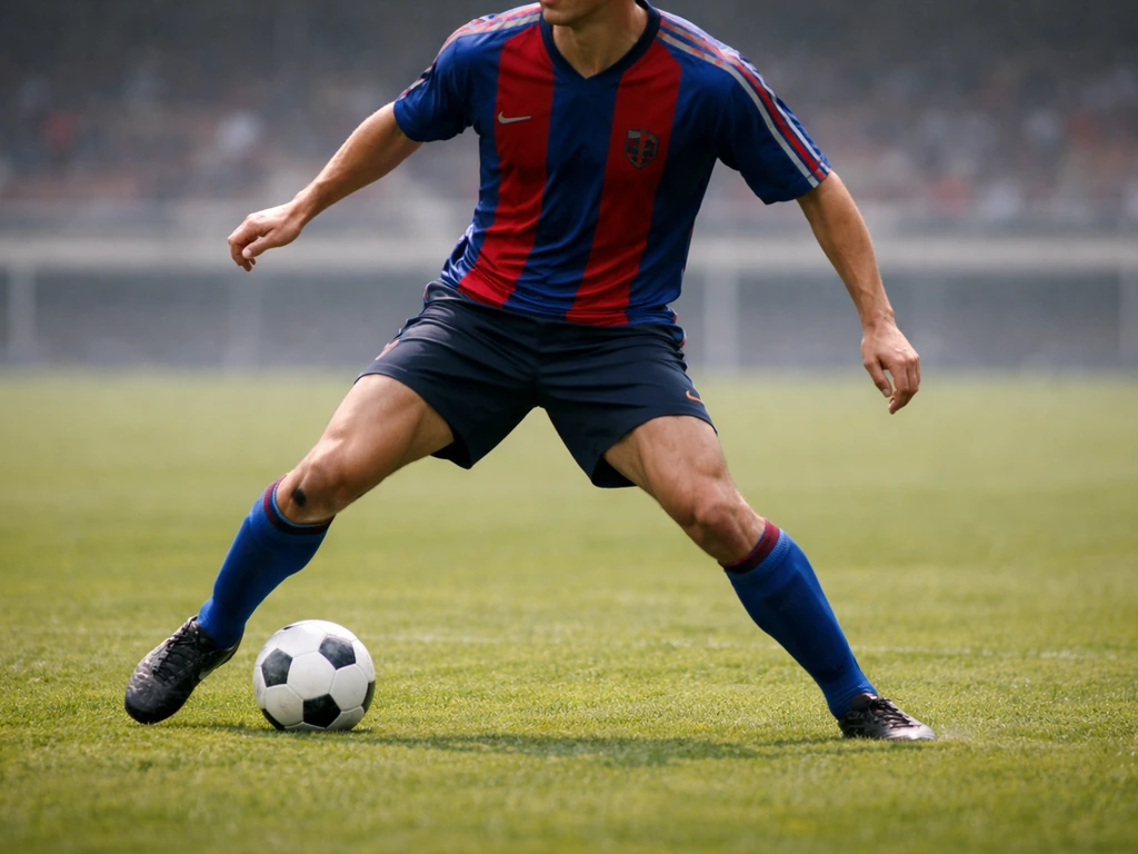 Anonymous footballer in 1990s-style Barcelona kit shielding the ball during a match