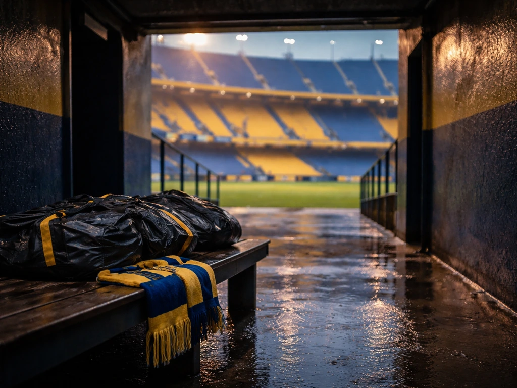 Empty Boca Juniors stadium entrance with training gear and a team scarf, no people.