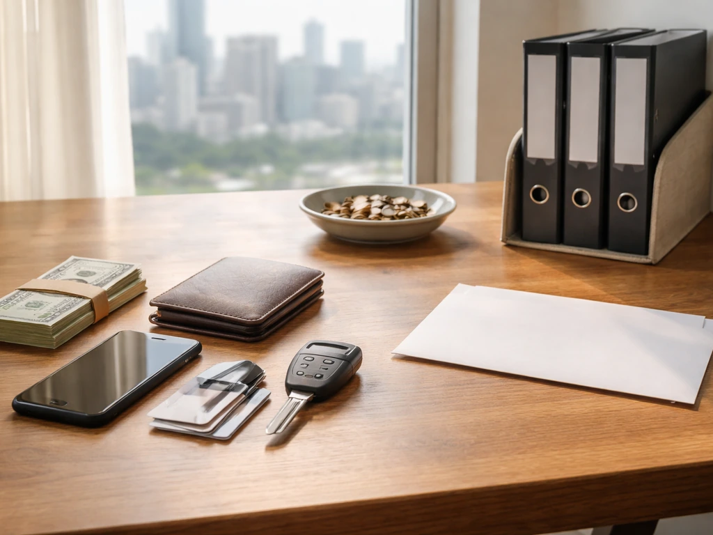 Minimal desk scene symbolizing assets vs liabilities with cash, coins, car keys, and blank envelope/binders.