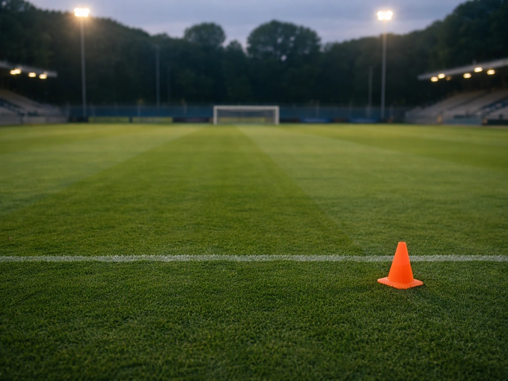 Empty football pitch with blurred goal at dusk, symbolic of Schalke youth-era early career.