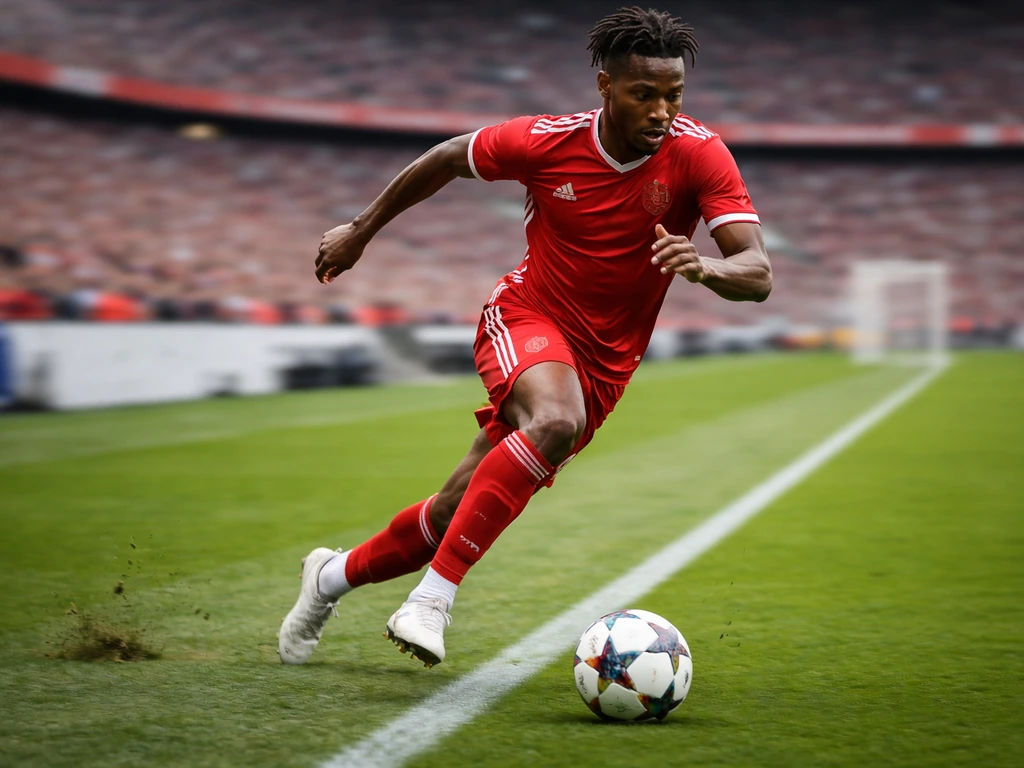Football winger in a red Bayern-style kit sprinting down the sideline with the ball in a sunny stadium.