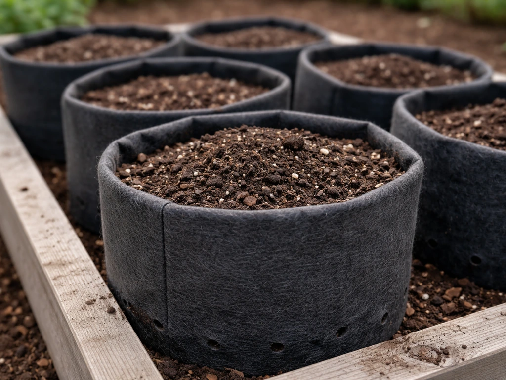 Close-up of soil-filled fabric grow bags with drainage holes in a garden bed
