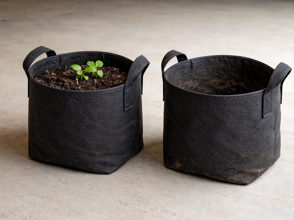 Two fabric grow bags side by side, one with soil and leaves, one showing intact but worn fabric.