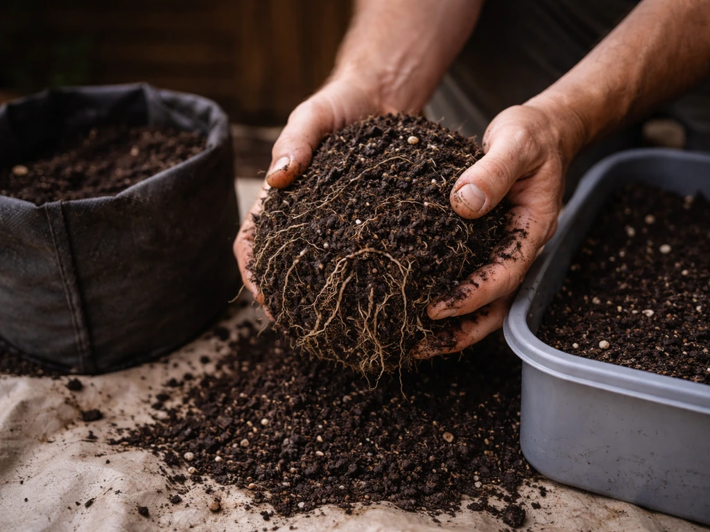 Anonymous gardener hands inspecting healthy roots and dark compost on a tarp beside a bin.