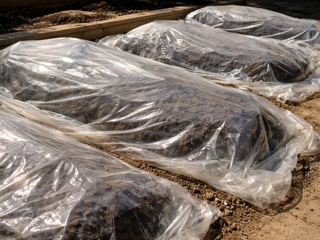 Clear plastic covering bagged soil in sunlight to heat-sterilize it