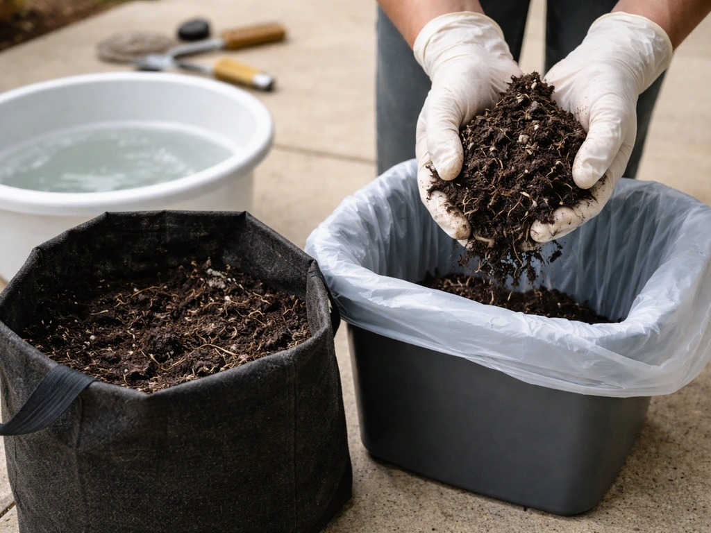 Gloved hands emptying old potting soil from a used grow bag into a trash bin while scrubbing it