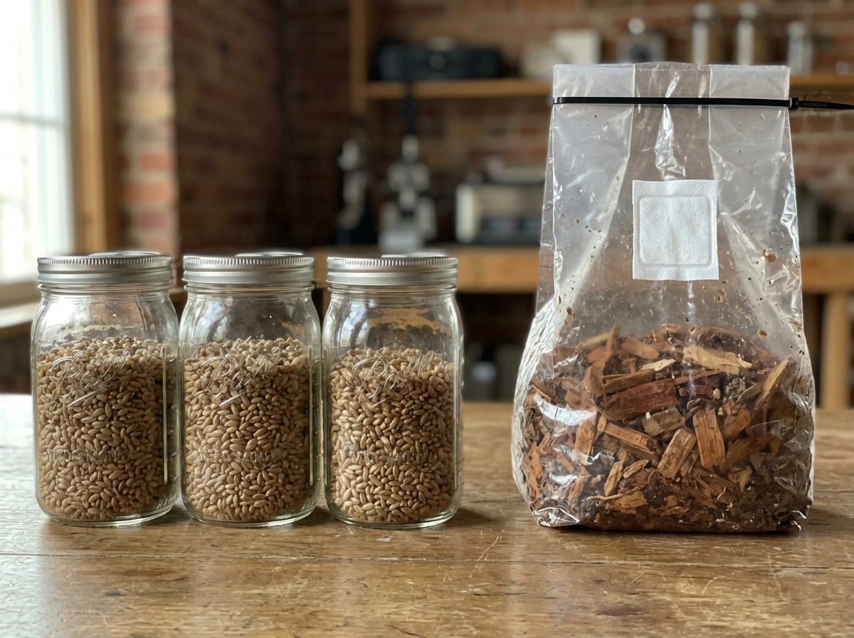 Mason jars filled with grain next to polypropylene grow bags with visible filter patches