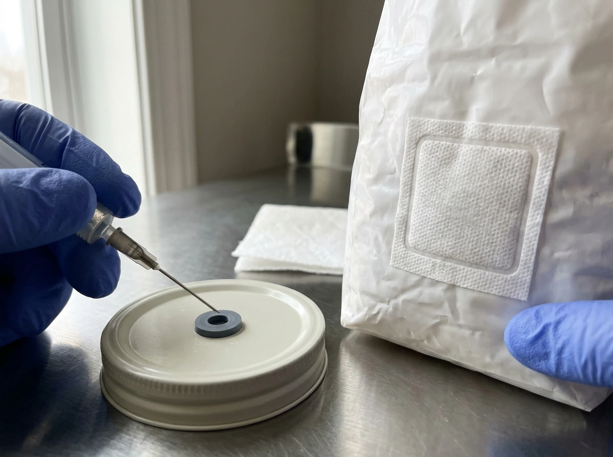 Close-up of jar injection port and grow bag filter patch showing different contamination access points