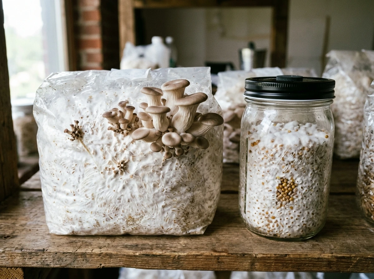 Oyster mushrooms fruiting from a grow bag compared to jars in the same area