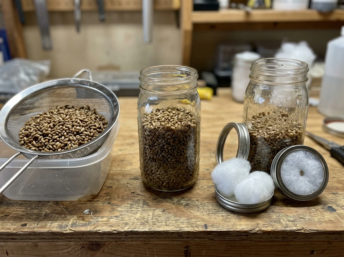 Rinse and fill rye grain into Mason jars with polyfill for spawn production workflow