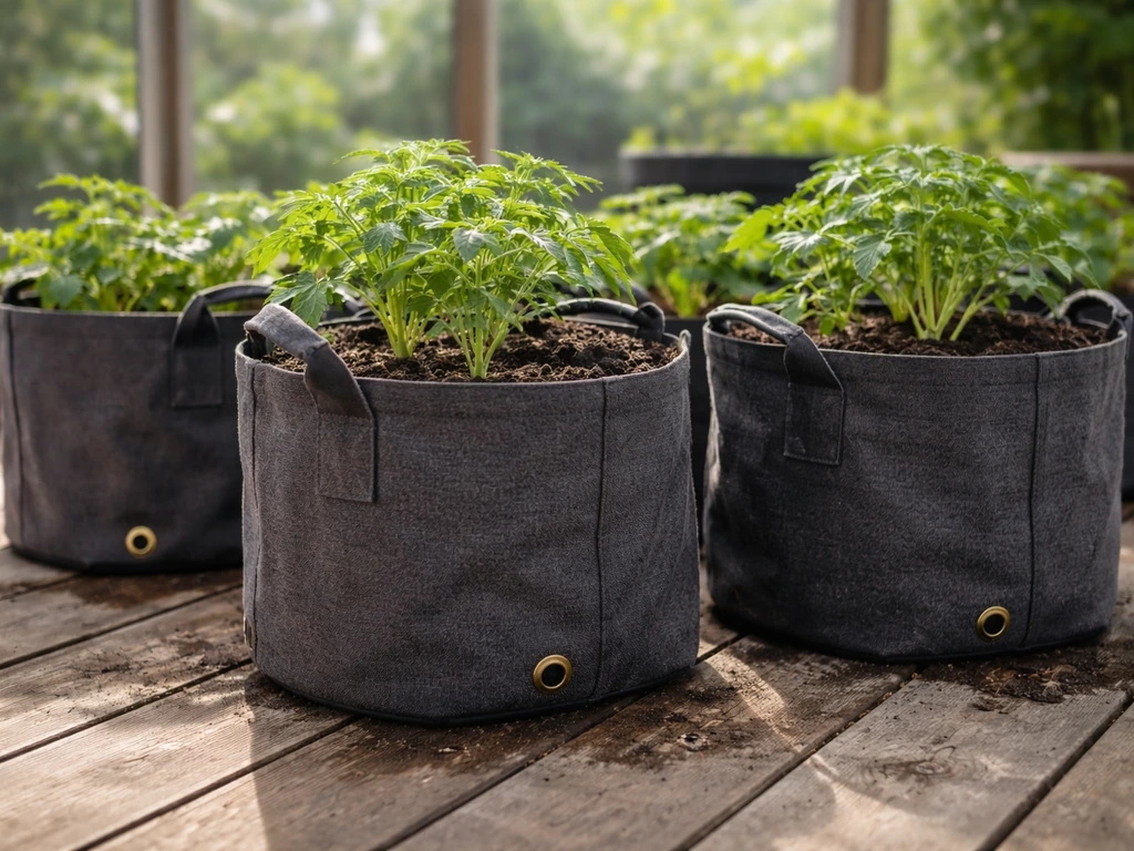 Several fabric grow bags with healthy plants on a greenhouse deck, showing drainage and root-friendly use.