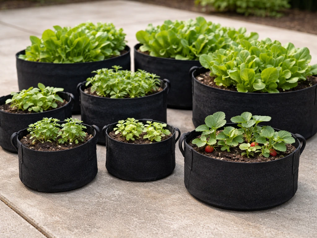 Different-sized grow bags with herb seedlings in small bags and leafy greens and strawberries in larger bags.