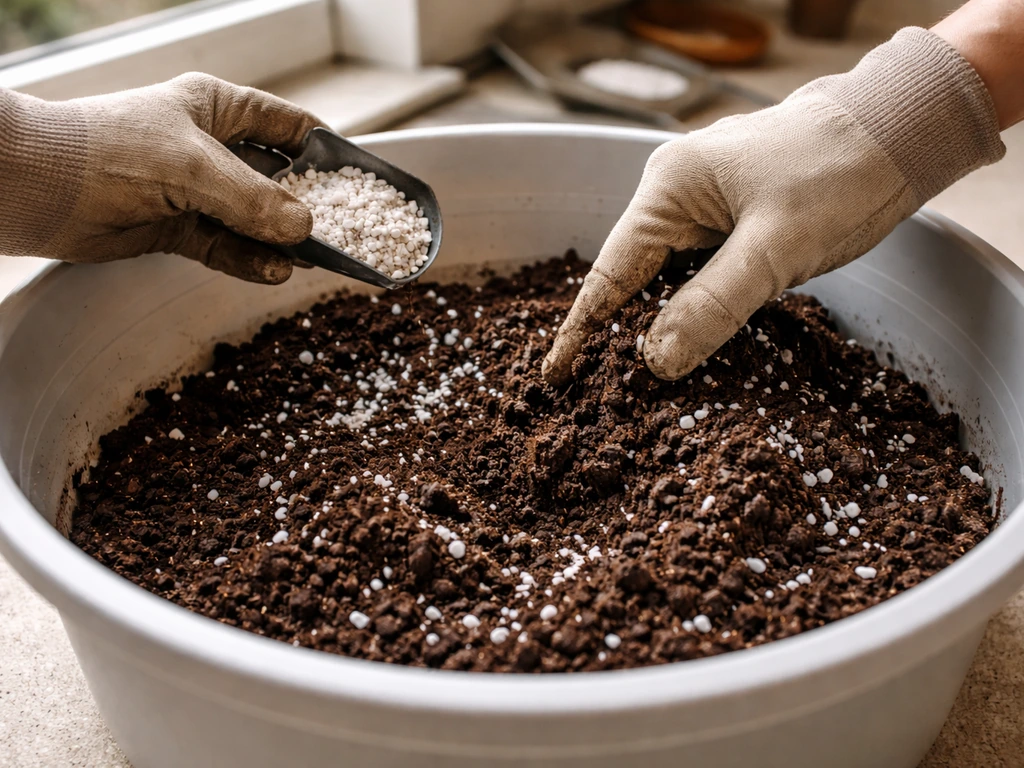 Gloved hands stirring potting soil mixed with visible perlite granules in a simple tub.