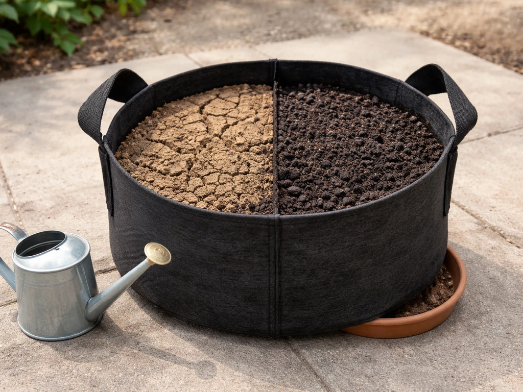 Fabric grow bag with one side dry, one side moist soil, plus a watering can and saucer for drainage