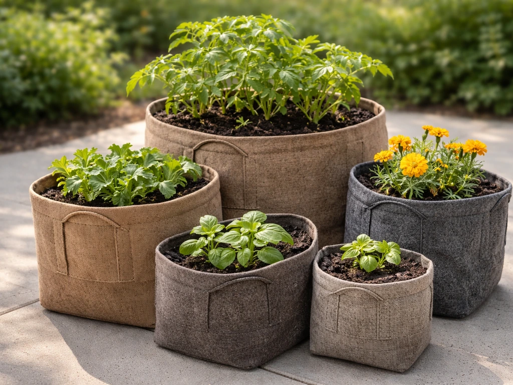 Multiple breathable root pouch grow bags of different sizes with thriving seedlings on a patio