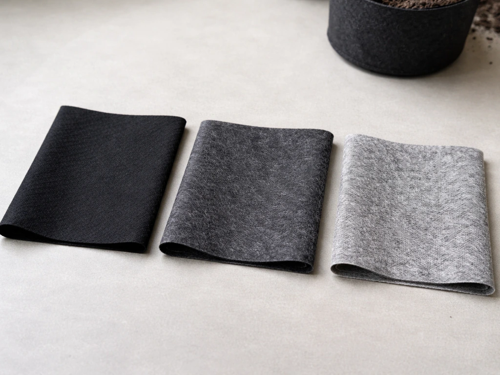 Three side-by-side fabric swatches (thin black, charcoal, grey) showing different root pouch textures and thickness.